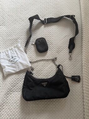 Prada Black Nylon Shoulder Bag with Chain and Detachable Strap Authentic